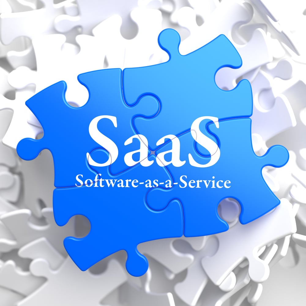 SAAS - Software-as-a-Service - Written on Blue Puzzle Pieces. Information Technology Concept. 3D Render.